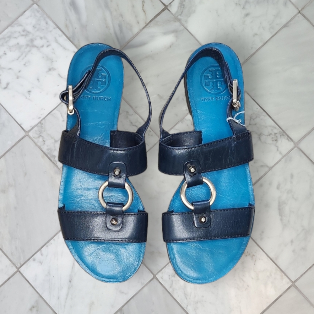 Tory Burch Sandals Leather Ring Shoes Navy Blue 7- 7.5 EUC